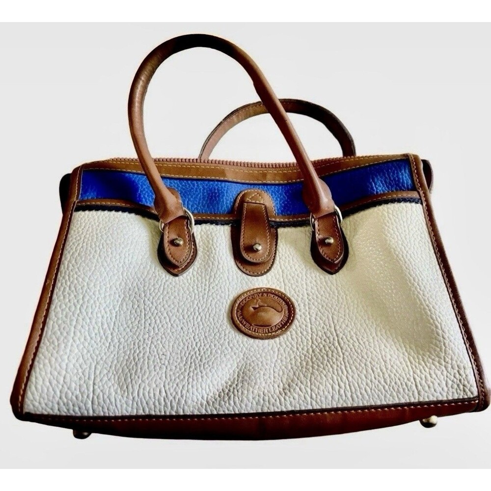 Dooney & Bourke Blue White Brown Pebble Leather Pocket Satchel Bag Handbag Purse
